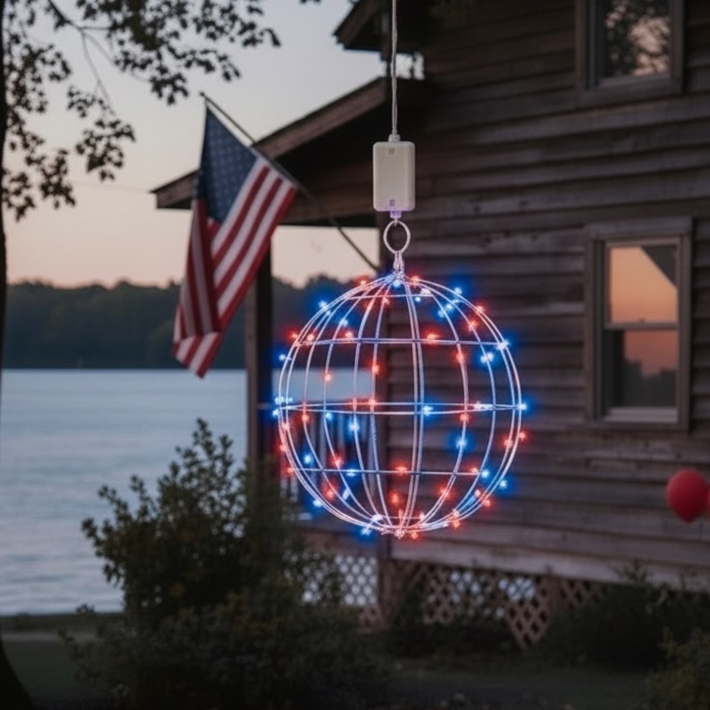 1-Pack, Battery, Handcrafted Red, White & Blue Outdoor Hanging Light Ball 12",  Fairy Lights, Welded Steel Sphere for Memorial Day, July 4th, Patios, and Landscaping