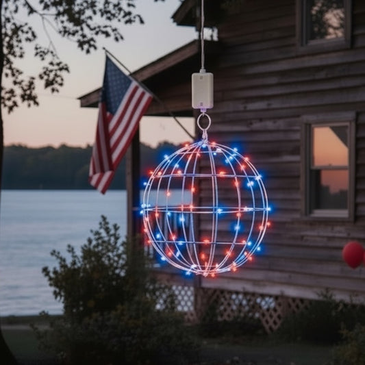 1-Pack, Battery, Handcrafted Red, White & Blue Outdoor Hanging Light Ball 12",  Fairy Lights, Welded Steel Sphere for Memorial Day, July 4th, Patios, and Landscaping